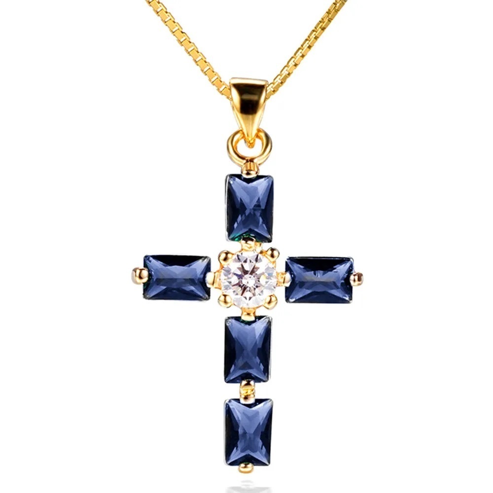 Midnight Blue Gold Plated CZ Simulated Sapphire Cross Necklace Religion Pendant